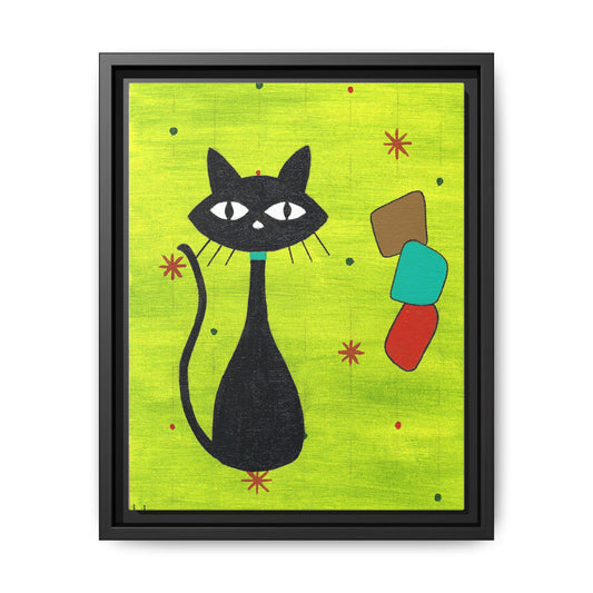 Play Time — Geometric Black Cat Matte Canvas Print (Framed)