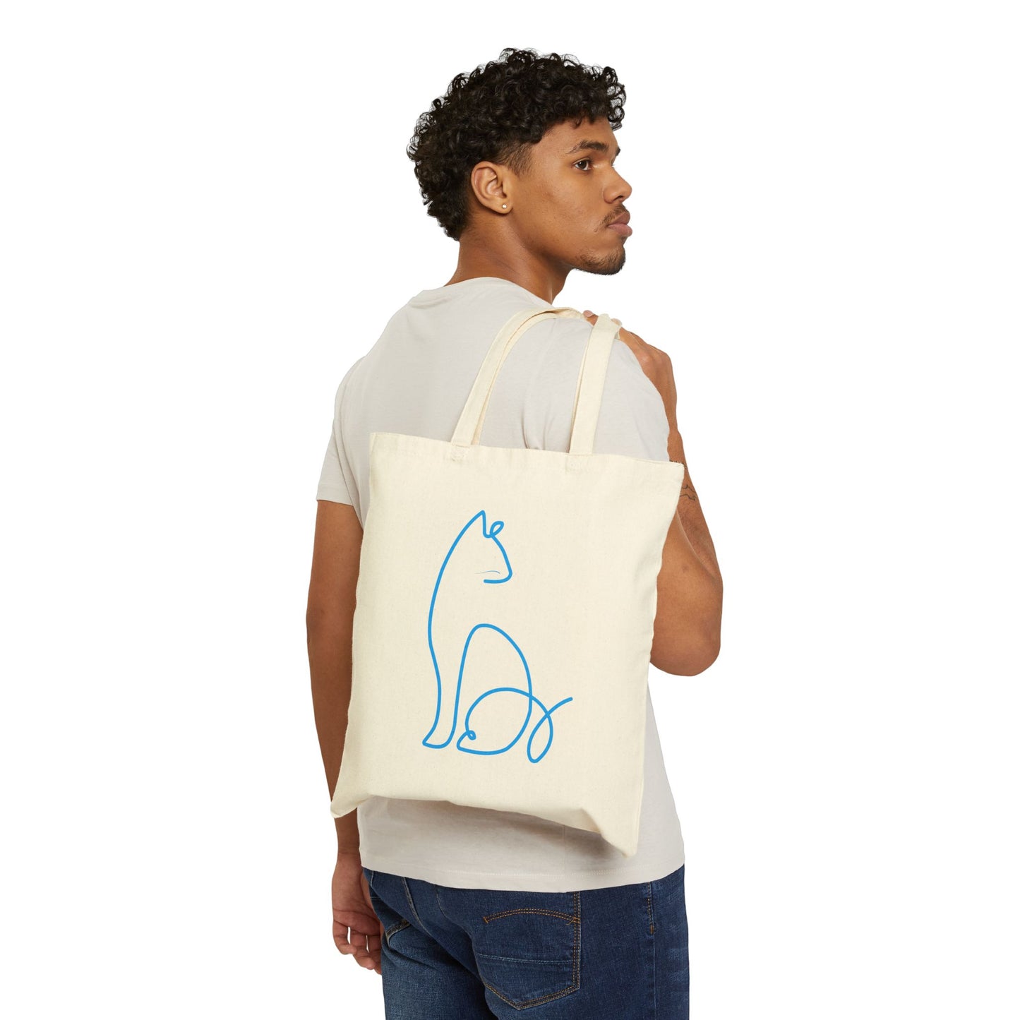 Blue Cat Cotton Canvas Tote Bag with Colorful Line Drawing