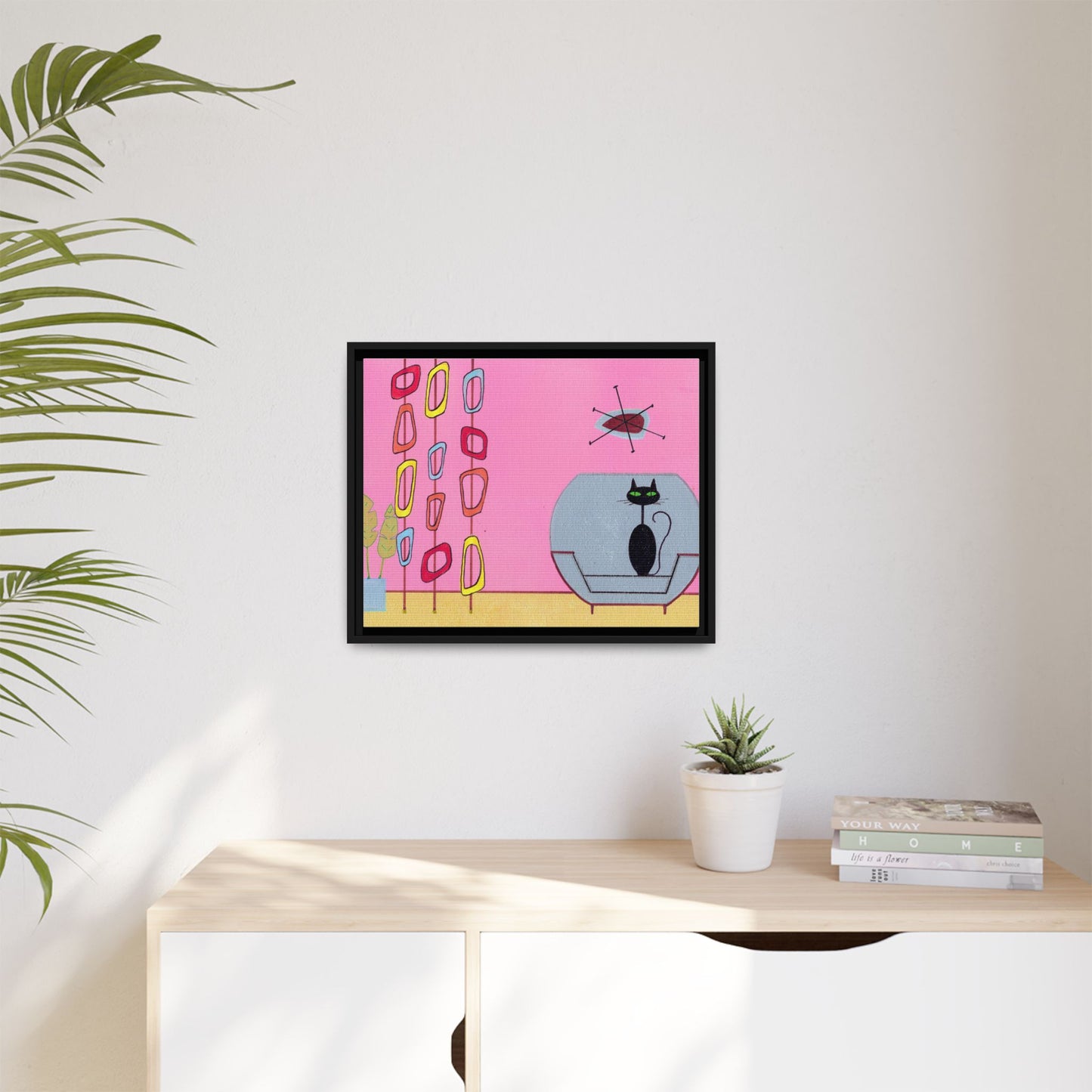 Mid‑Century Cat Art – Colorful Abstract Retro Scene – Framed Canvas Print – JLockeDesigns