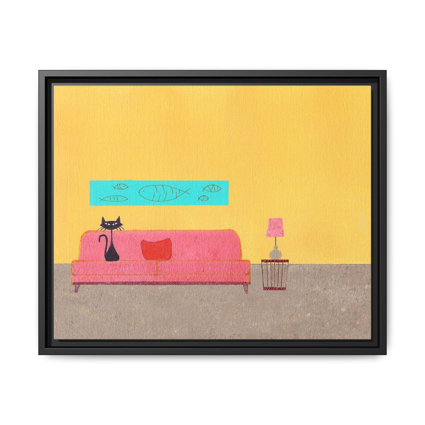 Blue Fish Black Kitty Vintage Inspired Framed Canvas Print