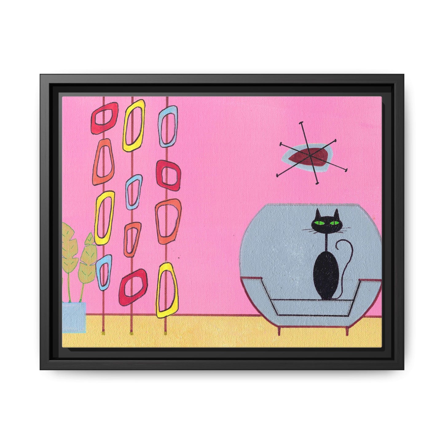 Mid‑Century Cat Art – Colorful Abstract Retro Scene – Framed Canvas Print – JLockeDesigns