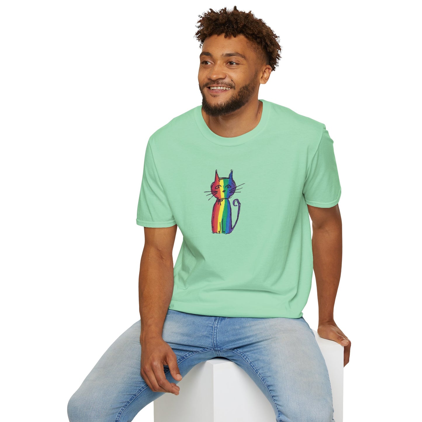 Pride Celebration Feline T‑Shirt – Rainbow Cat Graphic Tee – Mid‑Century Retro Style -JLockeDesgins