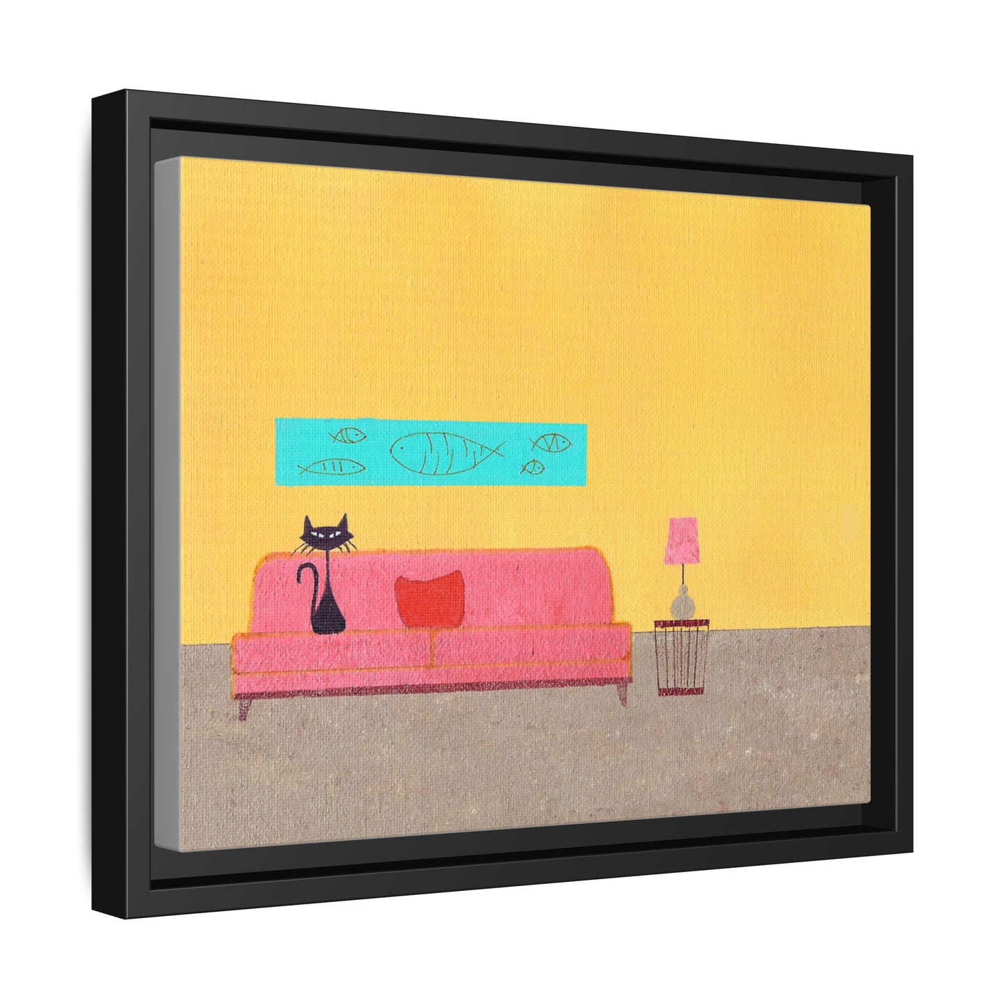 Blue Fish Black Kitty Vintage Inspired Framed Canvas Print