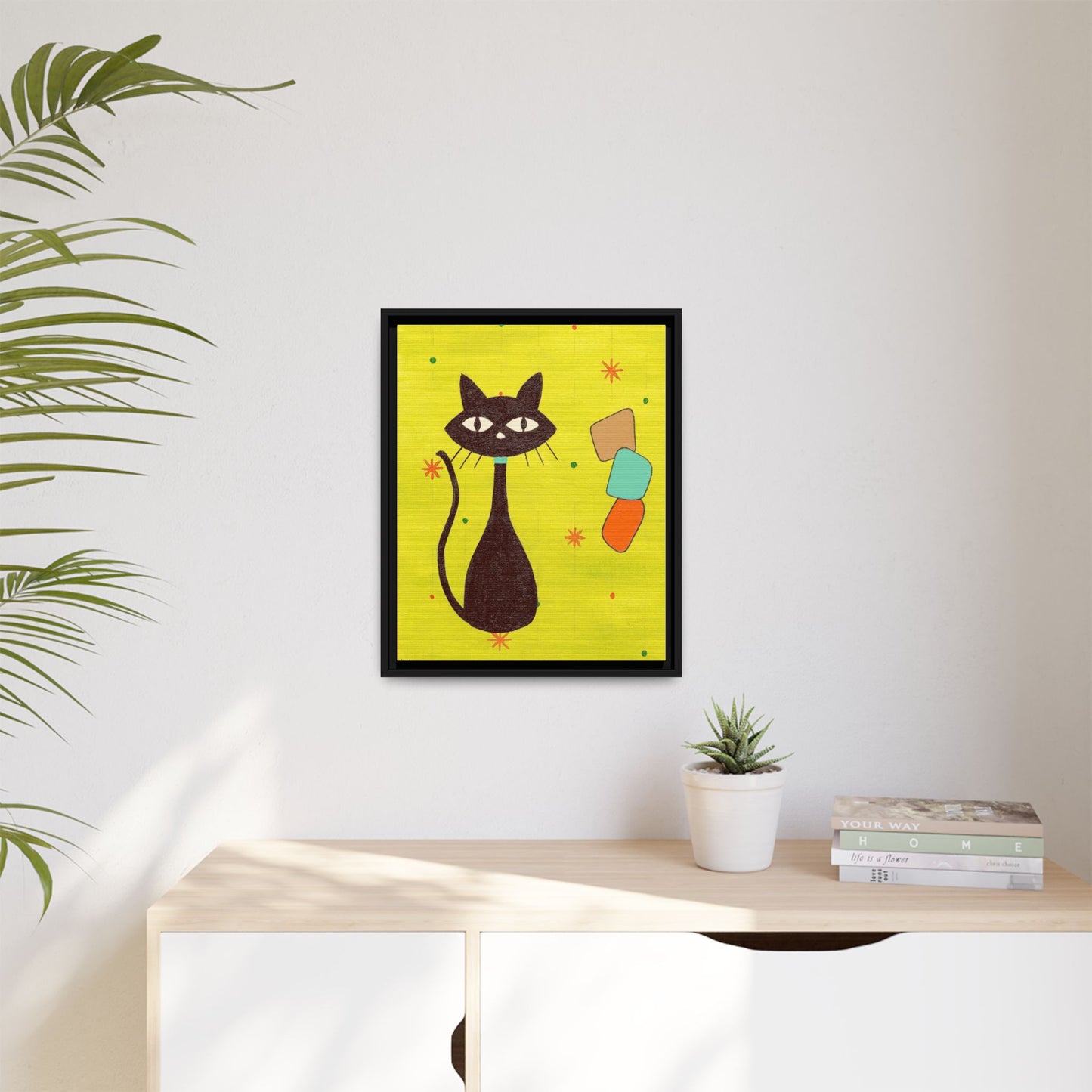 Play Time — Geometric Black Cat Matte Canvas Print (Framed)