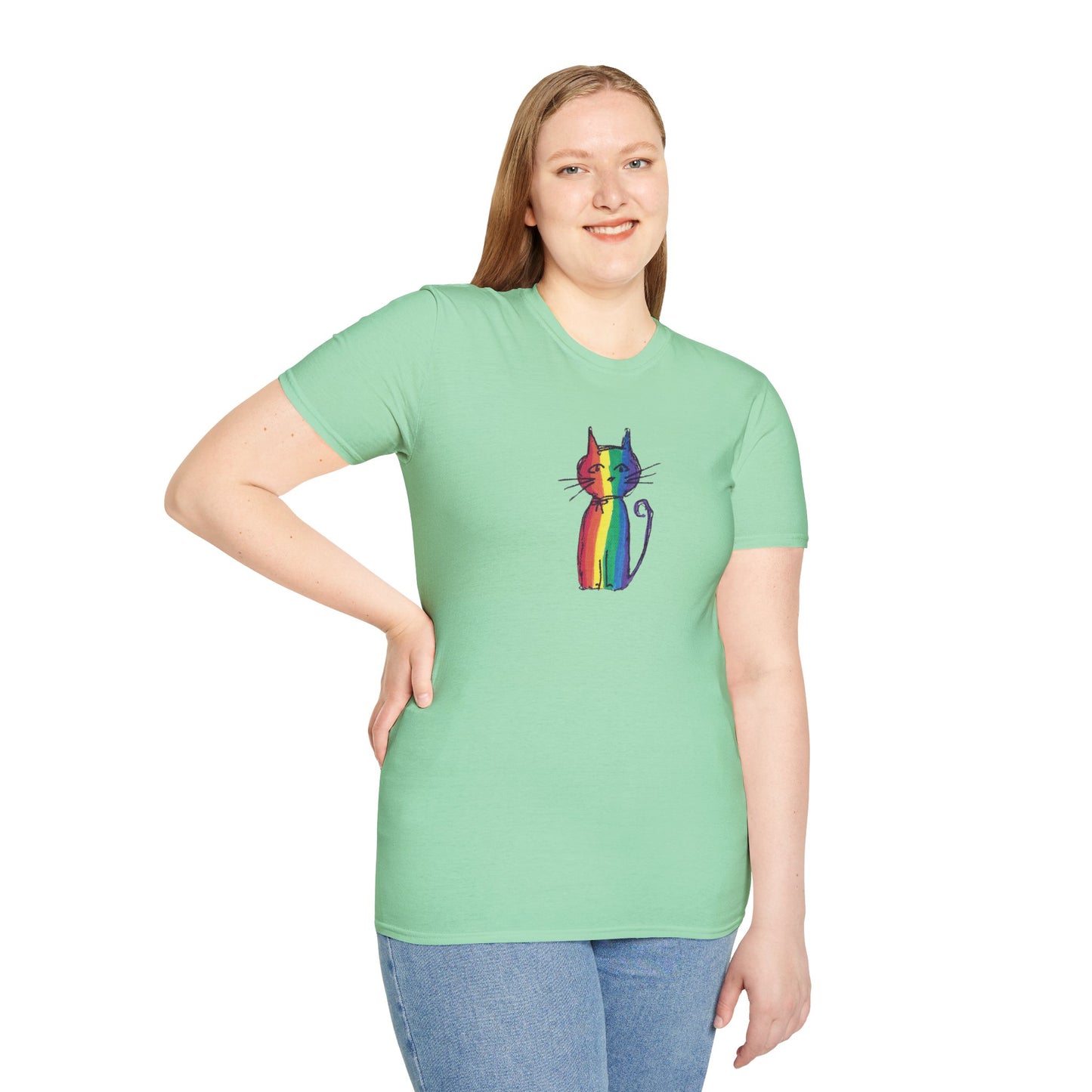 Pride Celebration Feline T‑Shirt – Rainbow Cat Graphic Tee – Mid‑Century Retro Style -JLockeDesgins