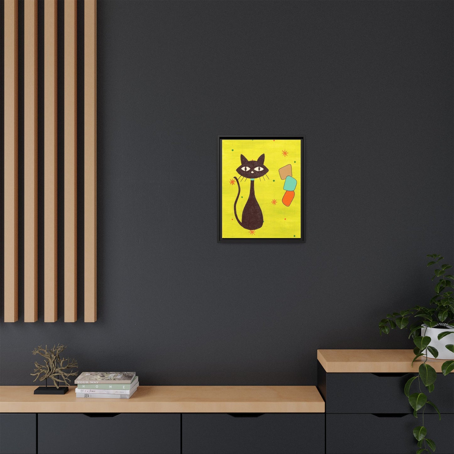 Play Time — Geometric Black Cat Matte Canvas Print (Framed)