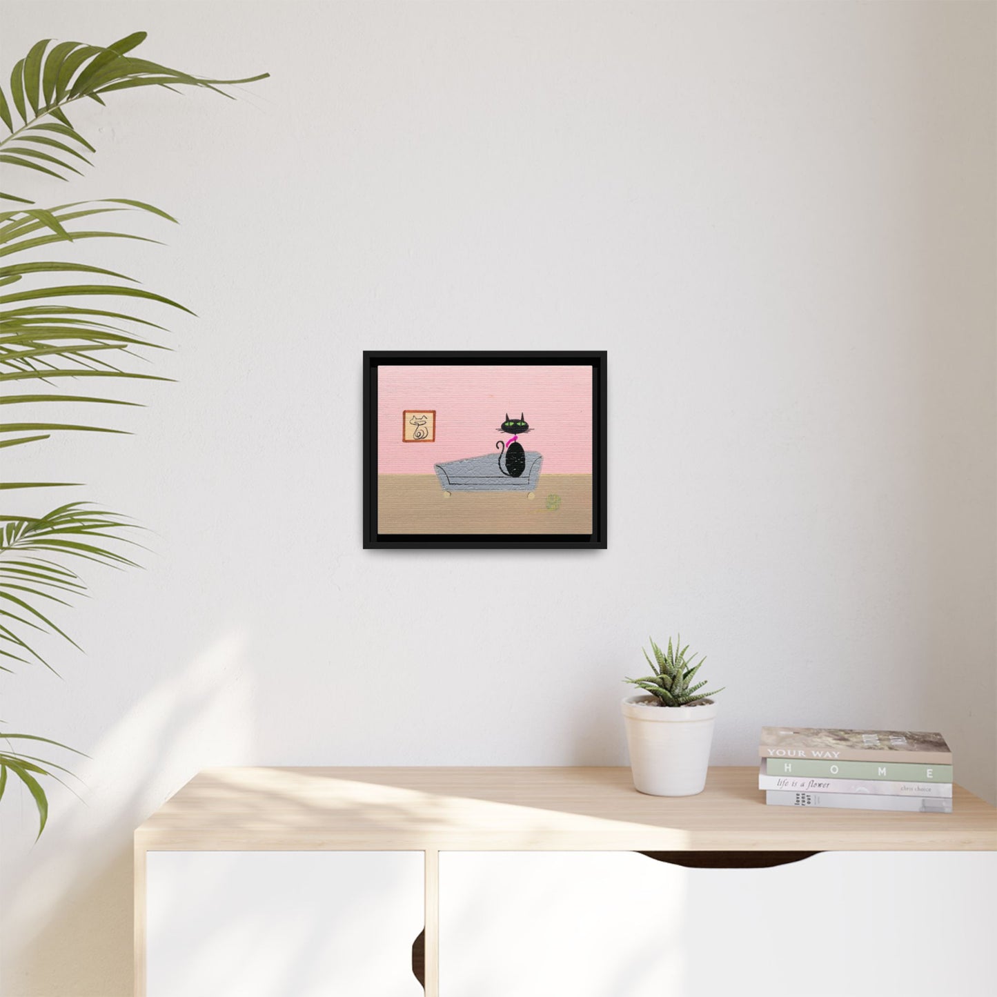 Mid‑Century Cat Art – Black Cat in Cozy Retro Interior – Canvas Print – JLockeDesigns