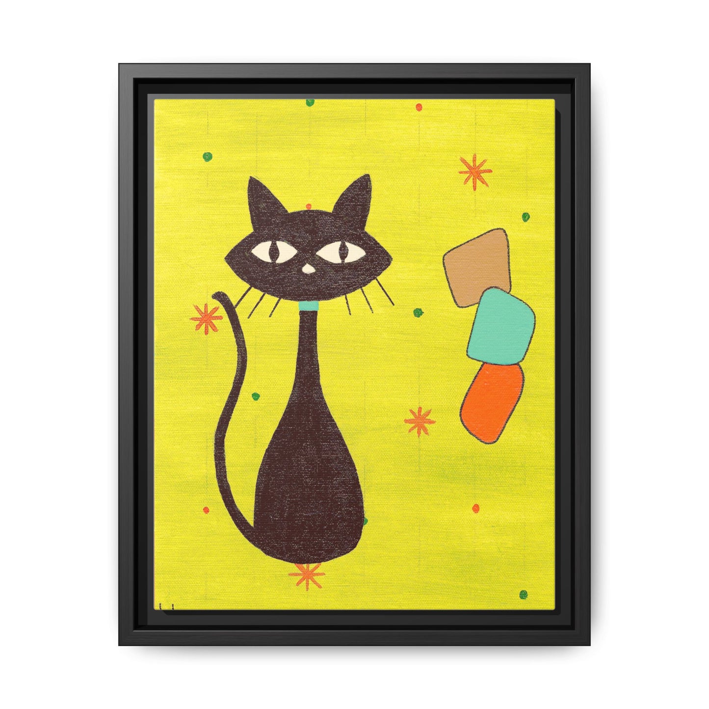 Play Time — Geometric Black Cat Matte Canvas Print (Framed)