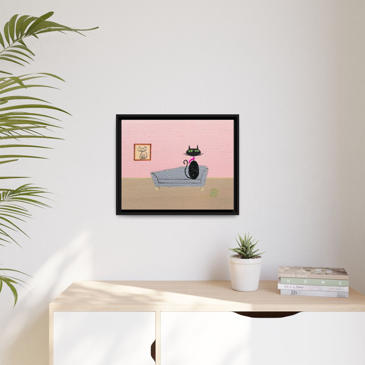 Mid‑Century Cat Art – Black Cat in Cozy Retro Interior – Canvas Print – JLockeDesigns