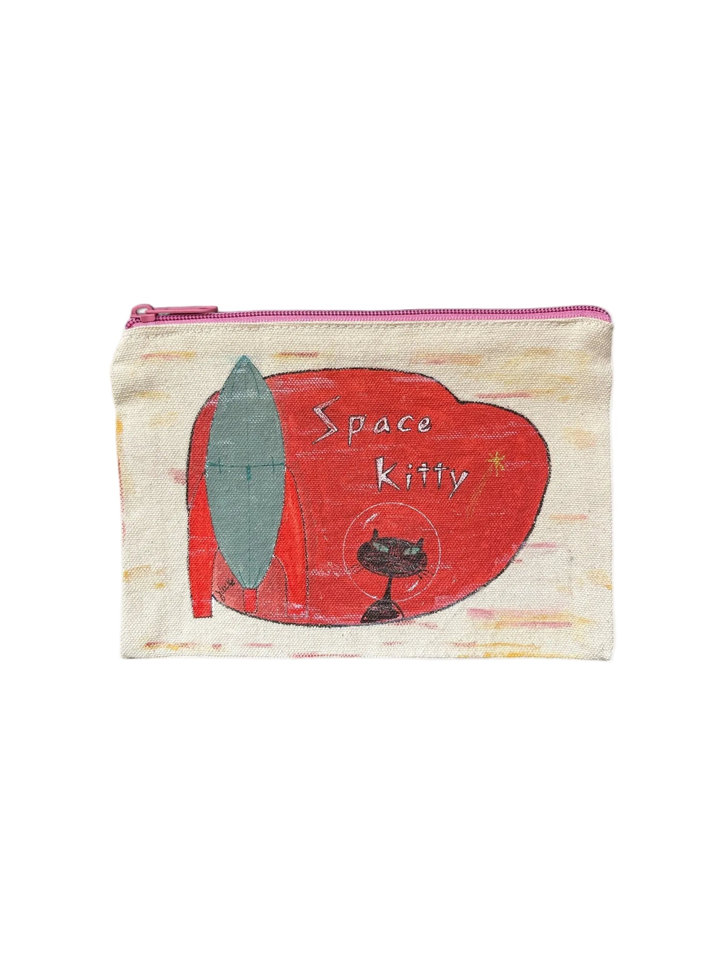 Space Kitty Retro Art Pouch – Black Cat Astronaut with Rocket Ship – JLockeDesigns