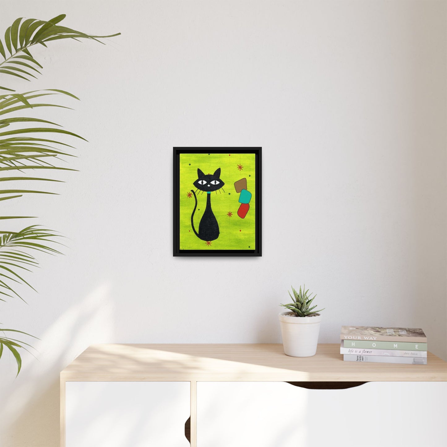 Play Time — Geometric Black Cat Matte Canvas Print (Framed)