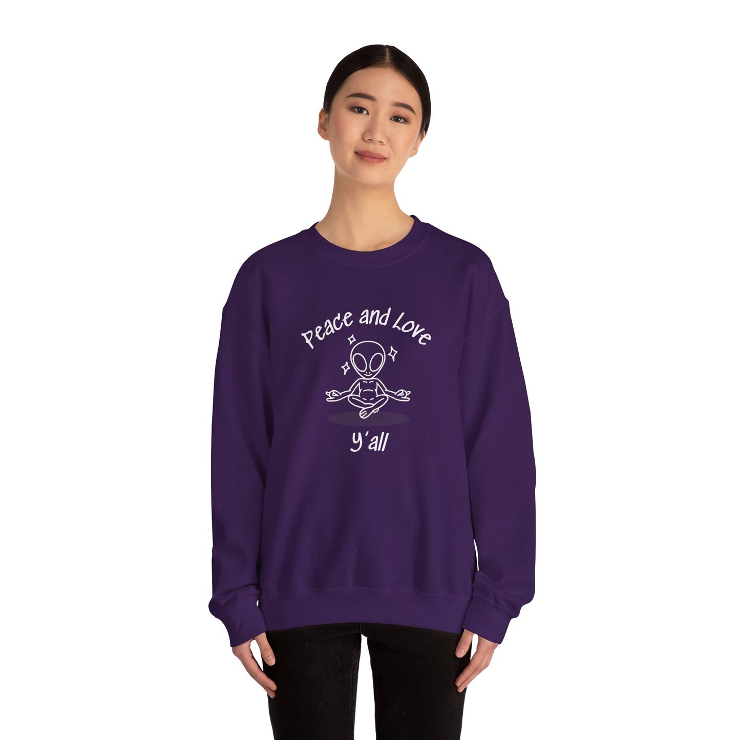 Crewneck Sweatshirt Peace And  Love Ya'll In Alien Yoga Pose