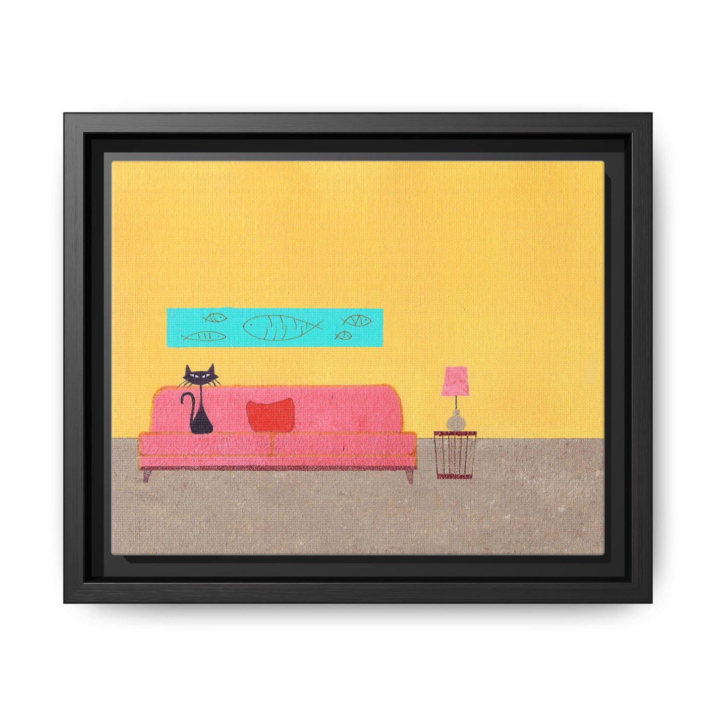 Blue Fish Black Kitty Vintage Inspired Framed Canvas Print