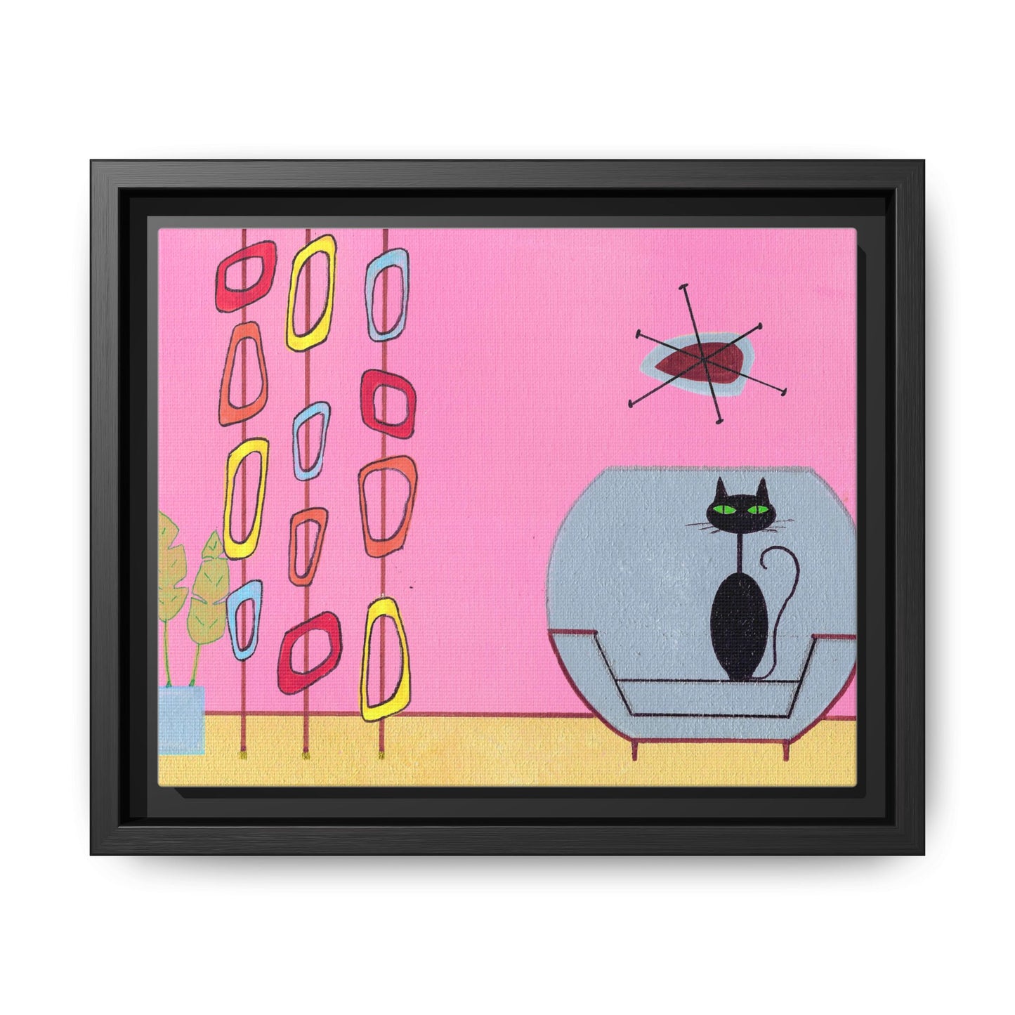 Mid‑Century Cat Art – Colorful Abstract Retro Scene – Framed Canvas Print – JLockeDesigns