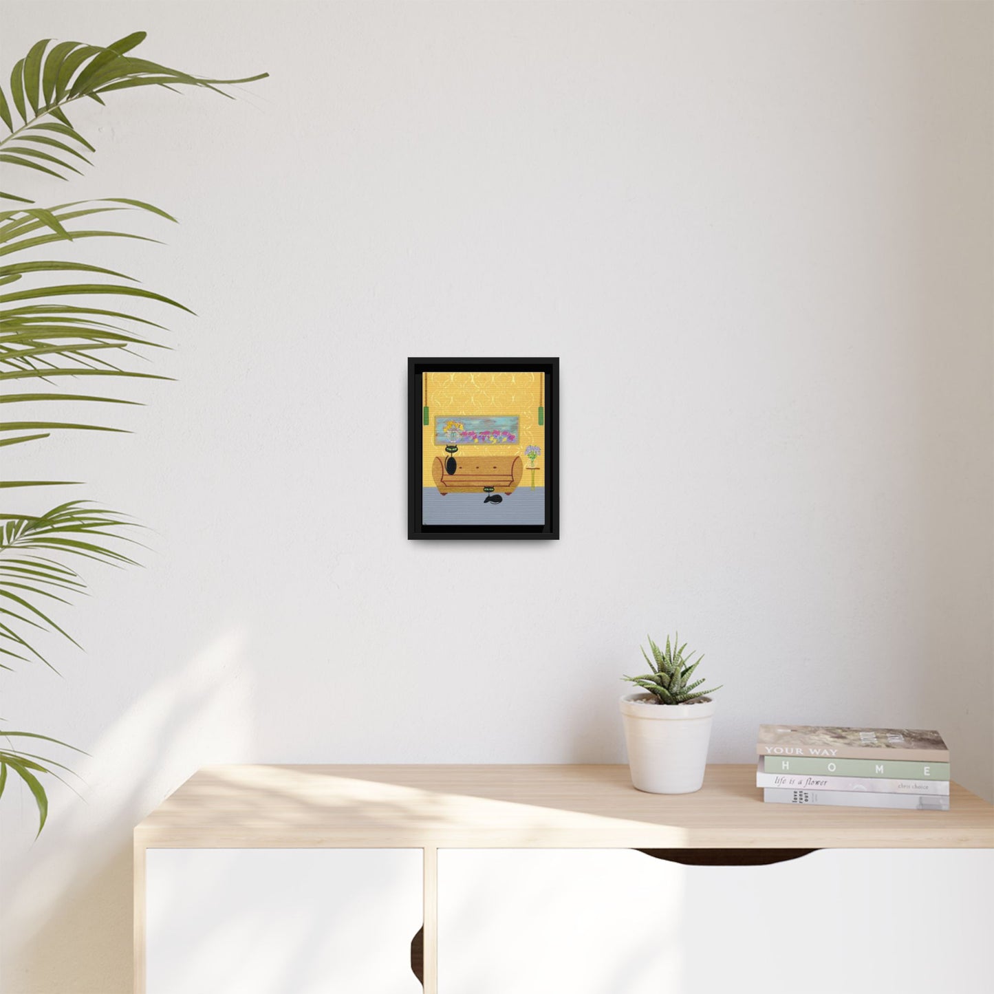 Framed Matte Canvas Wall Art — Two Black Cats on 1970s Vintage Furniture