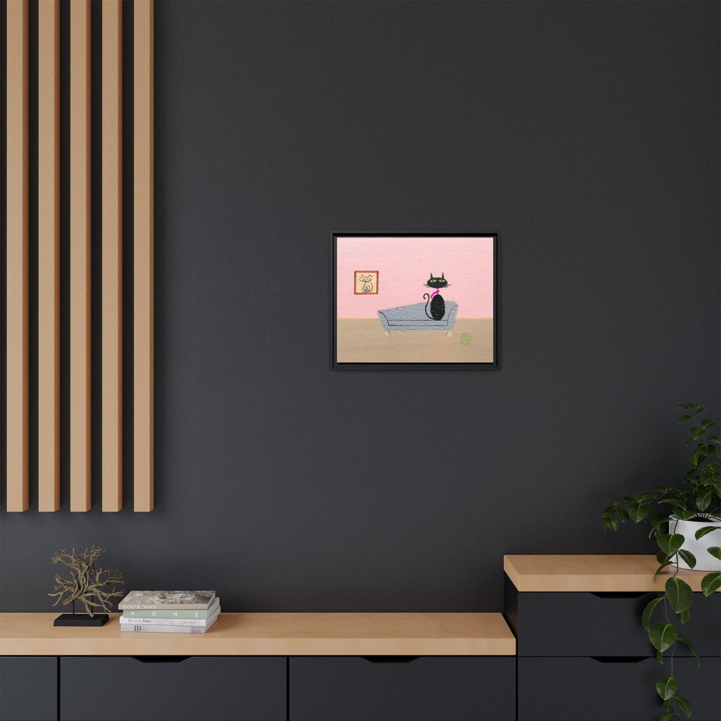 Mid‑Century Cat Art – Black Cat in Cozy Retro Interior – Canvas Print – JLockeDesigns