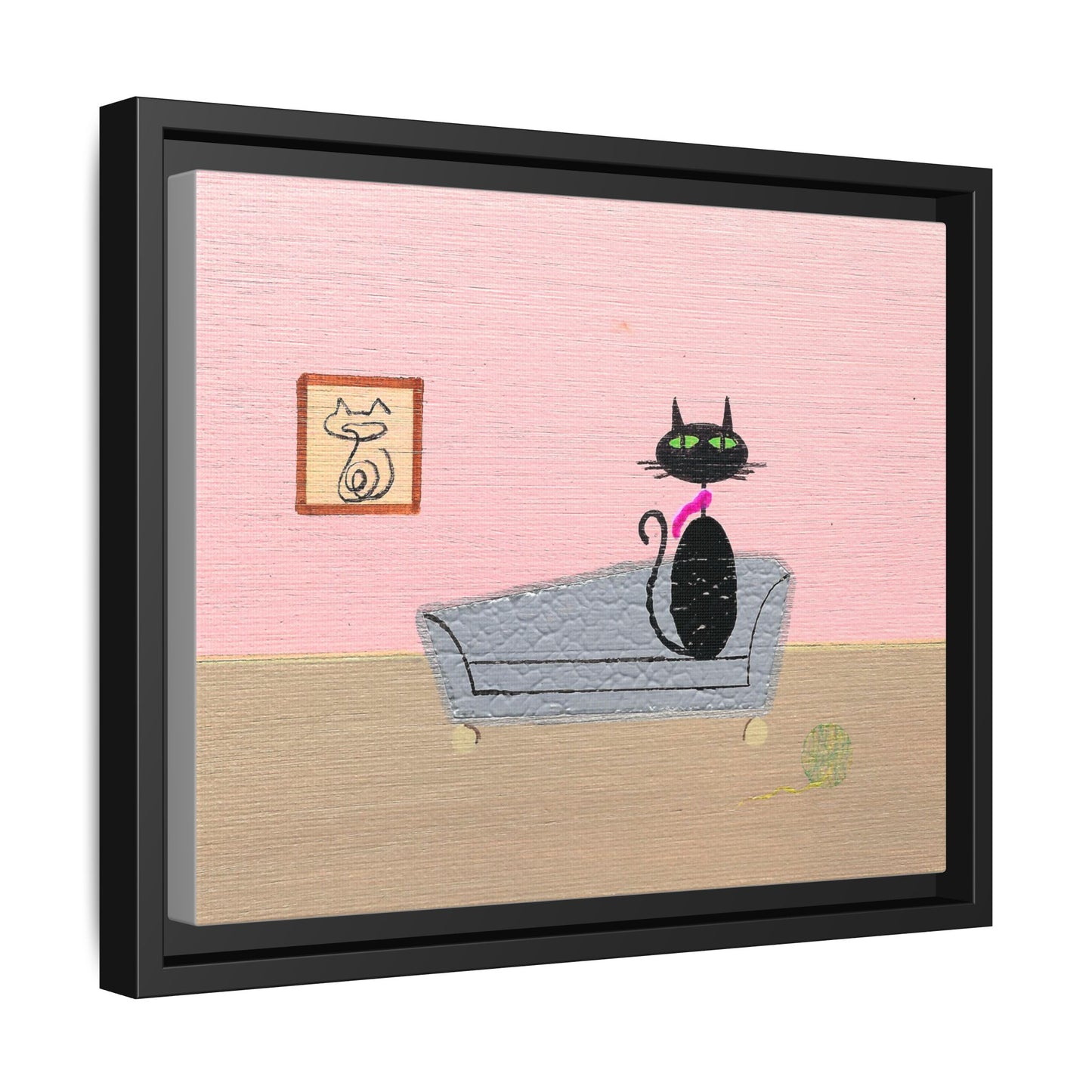 Mid‑Century Cat Art – Black Cat in Cozy Retro Interior – Canvas Print – JLockeDesigns