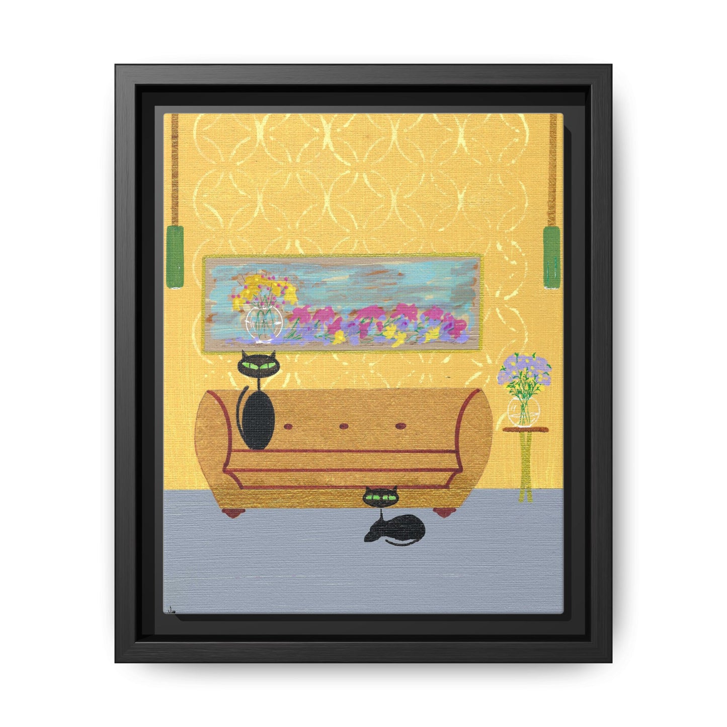 Framed Matte Canvas Wall Art — Two Black Cats on 1970s Vintage Furniture