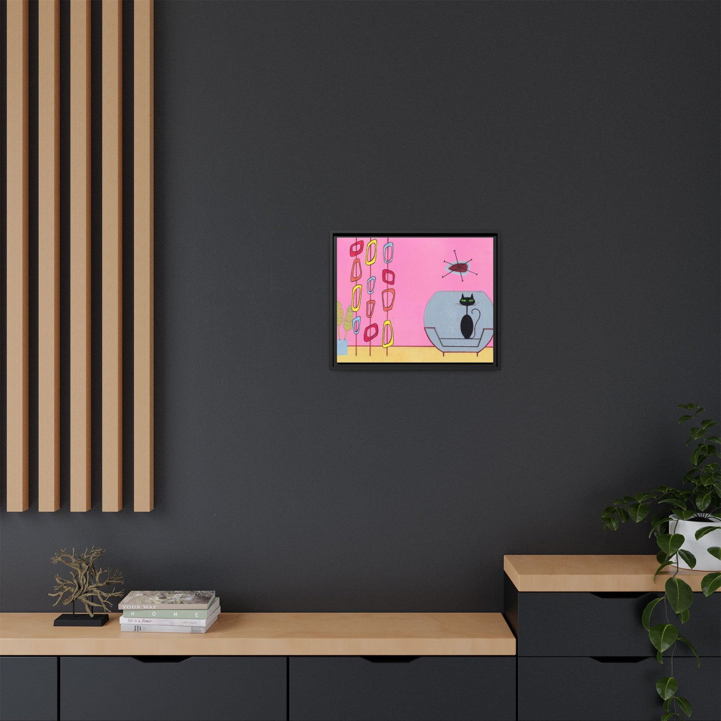 Mid‑Century Cat Art – Colorful Abstract Retro Scene – Framed Canvas Print – JLockeDesigns