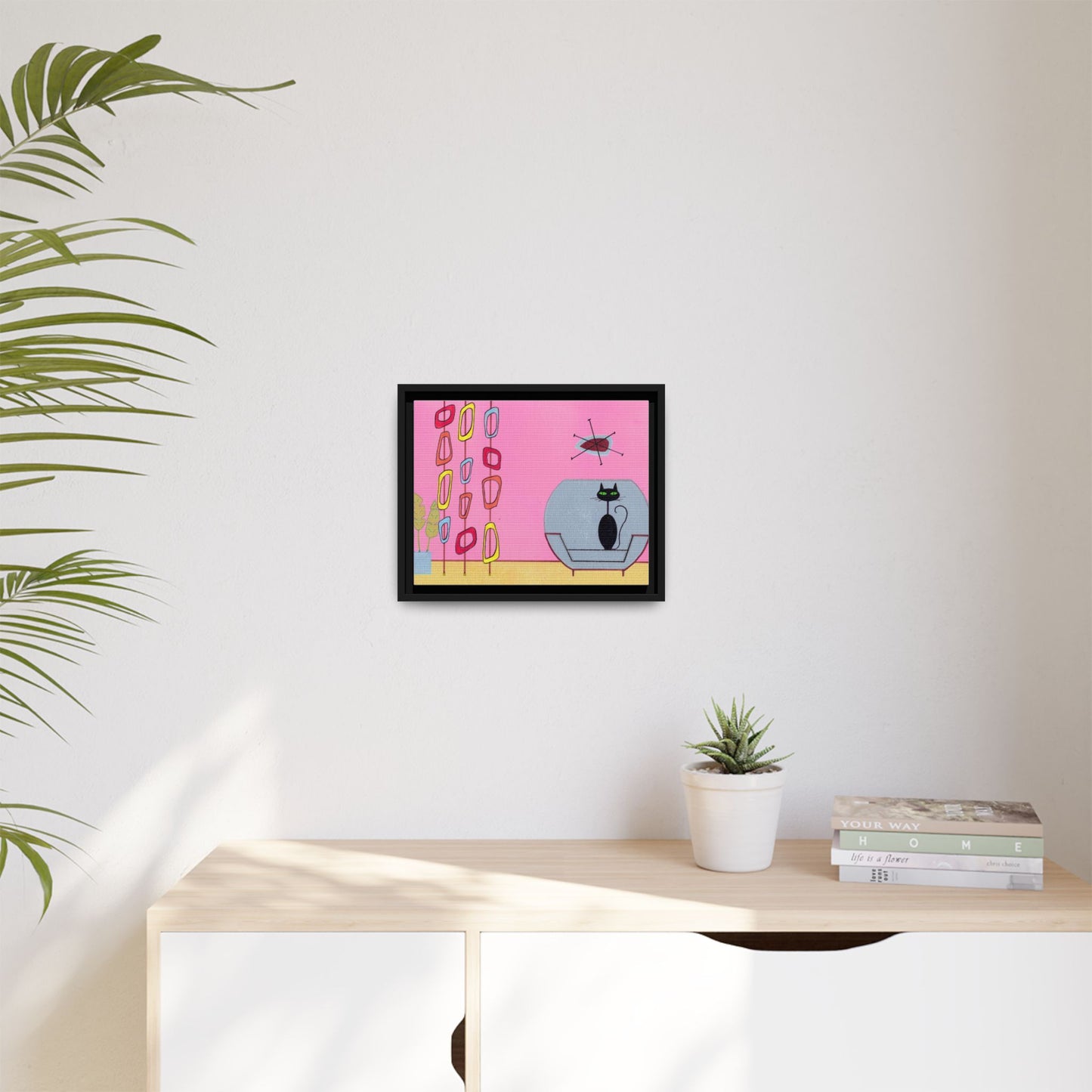 Mid‑Century Cat Art – Colorful Abstract Retro Scene – Framed Canvas Print – JLockeDesigns