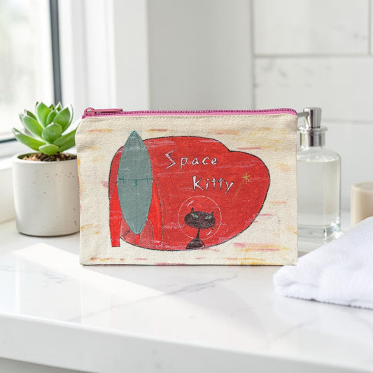 Space Kitty Retro Art Pouch – Black Cat Astronaut with Rocket Ship – JLockeDesigns