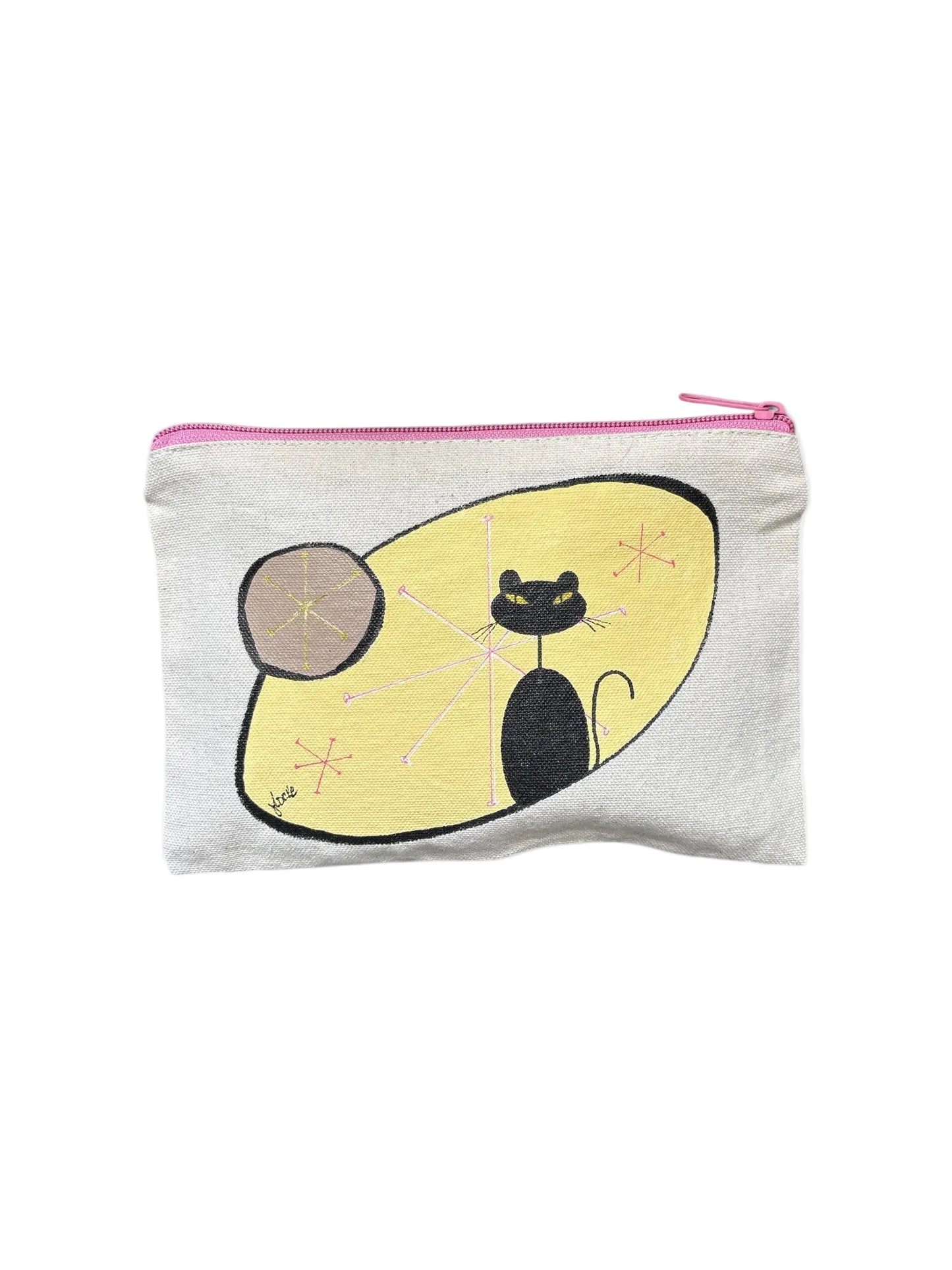 Mid‑Century Cat Pouch – Black Cat with Retro Starburst Elements – JLockeDesigns