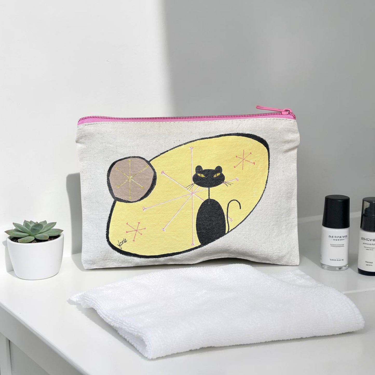 Mid‑Century Cat Pouch – Black Cat with Retro Starburst Elements – JLockeDesigns