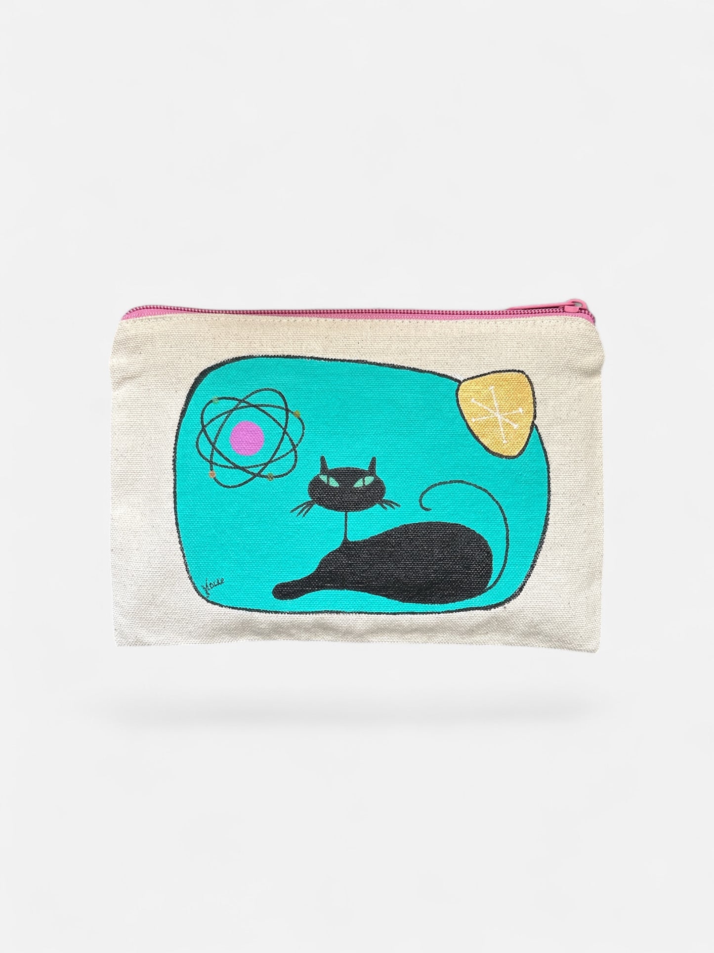 Mid‑Century Cat Art Pouch – Black Cat on Aqua with Atomic Symbol – JLockeDesigns