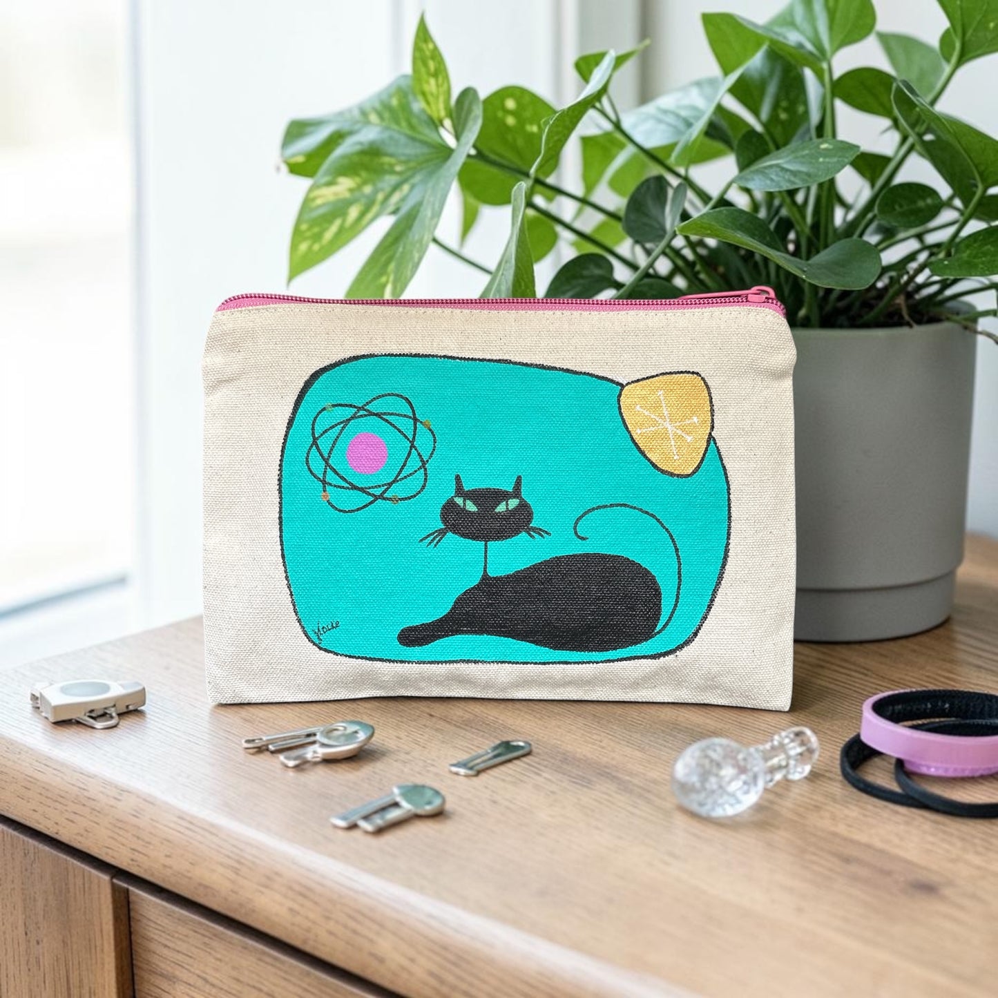 Mid‑Century Cat Art Pouch – Black Cat on Aqua with Atomic Symbol – JLockeDesigns