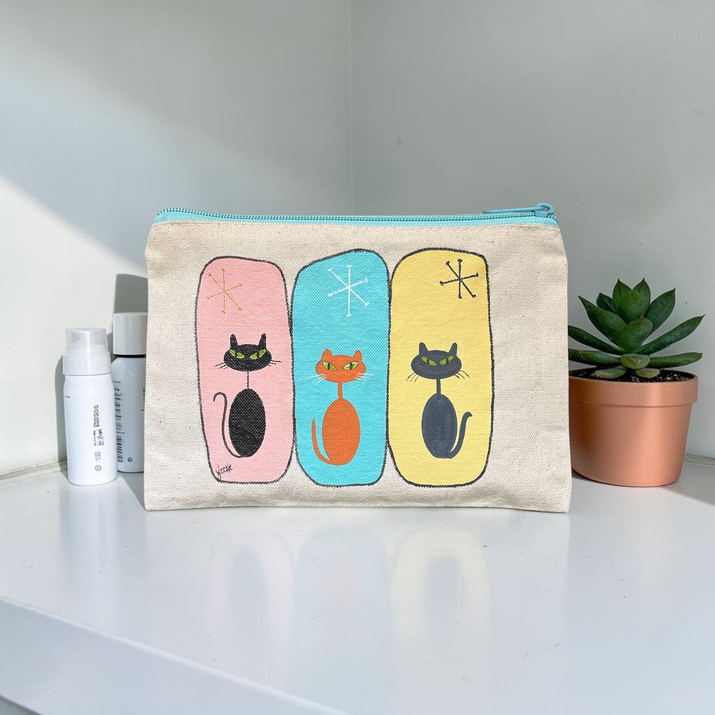 Retro Cat Trio Pouch – Black, Orange & Gray Cats with Color Block Backgrounds – JLockeDesigns