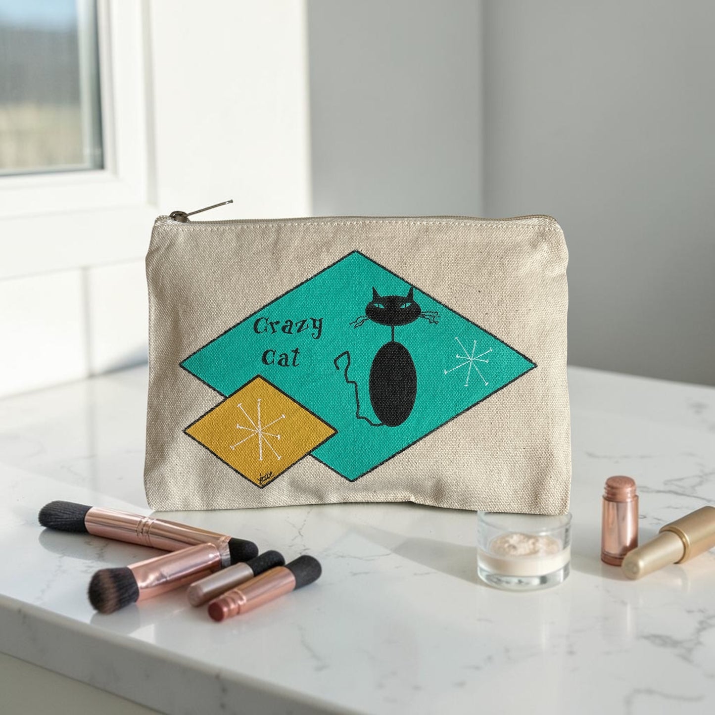 Crazy Cat Retro Art Pouch – Black Cat with Aqua & Ochre Diamond Shapes – JLockeDesigns