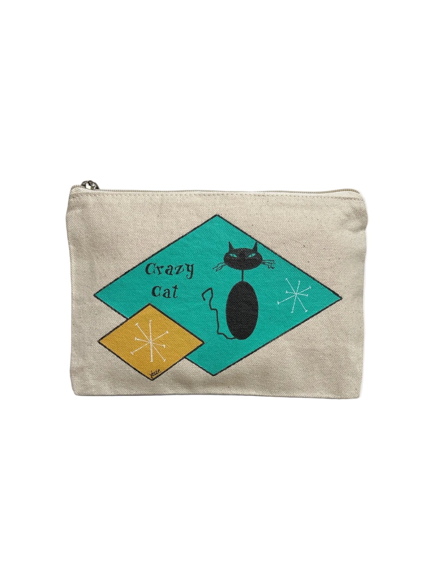 Crazy Cat Retro Art Pouch – Black Cat with Aqua & Ochre Diamond Shapes – JLockeDesigns