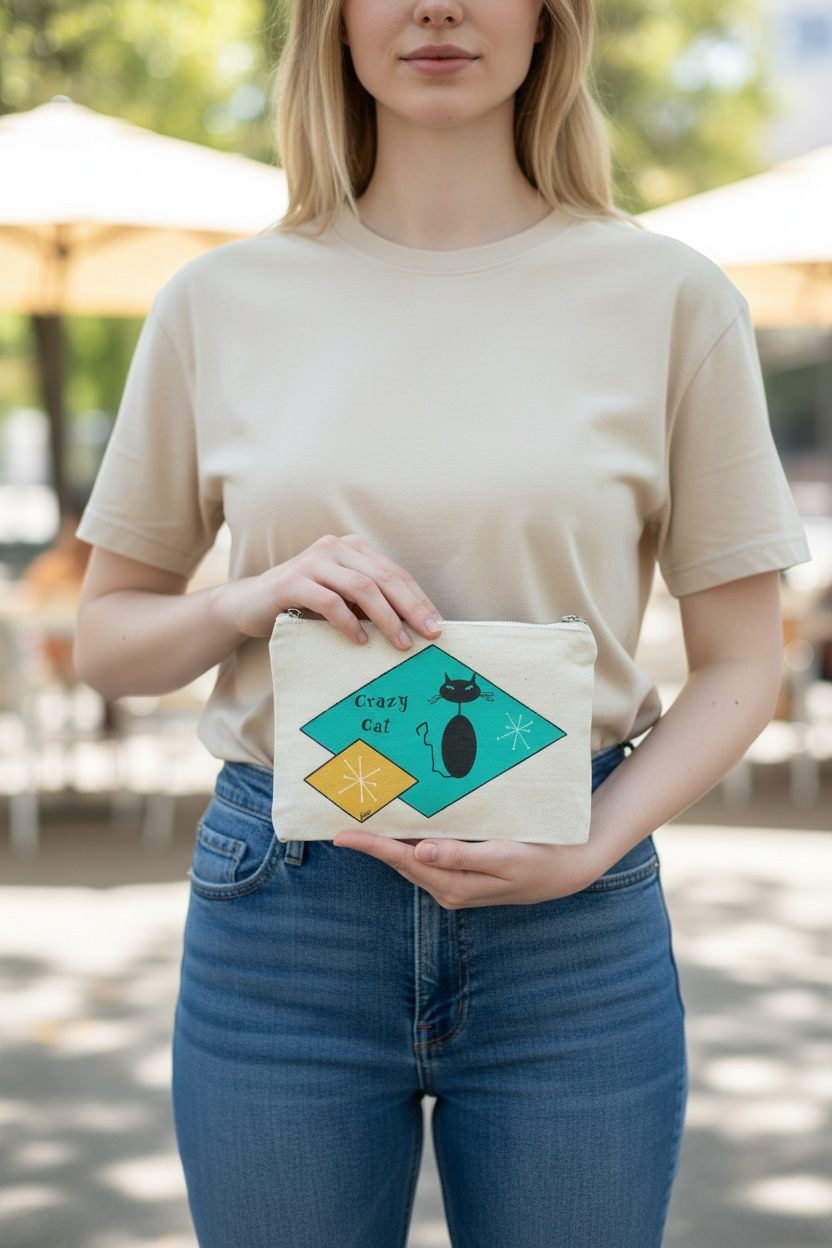 Crazy Cat Retro Art Pouch – Black Cat with Aqua & Ochre Diamond Shapes – JLockeDesigns