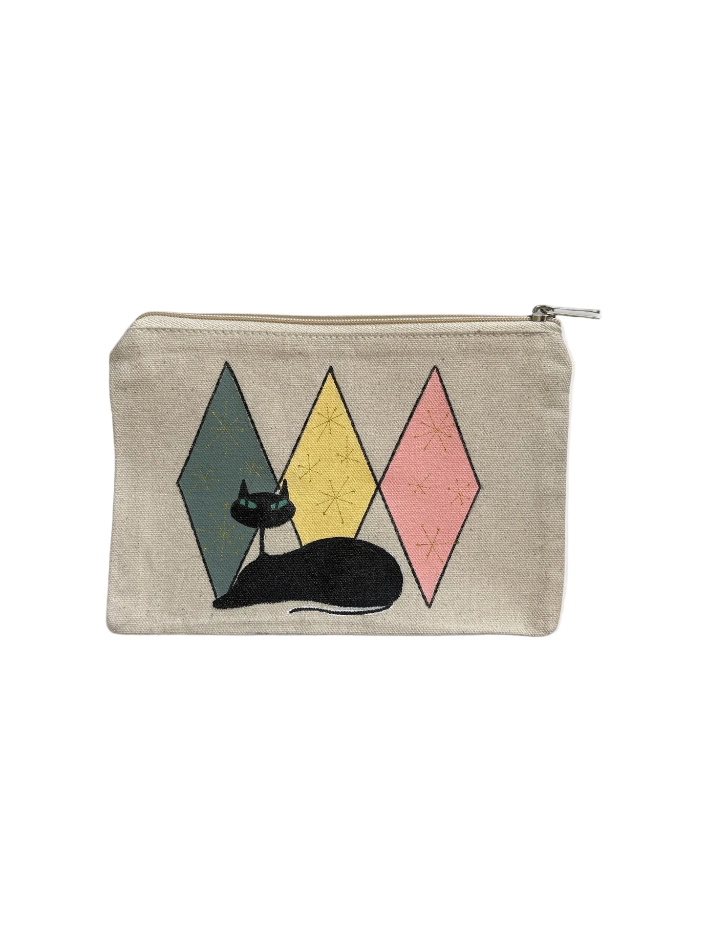 Retro Cat Lounge Pouch – Black Cat with Mid‑Century Diamond Shapes & Gold Stars– JLockeDesigns