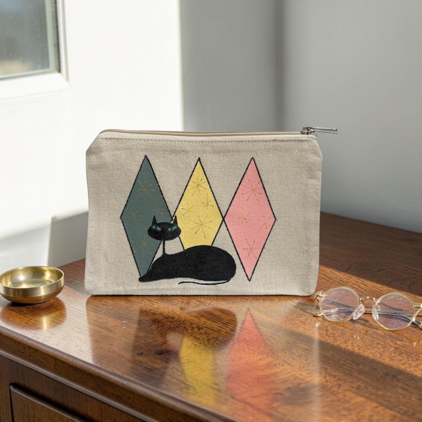 Retro Cat Lounge Pouch – Black Cat with Mid‑Century Diamond Shapes & Gold Stars– JLockeDesigns