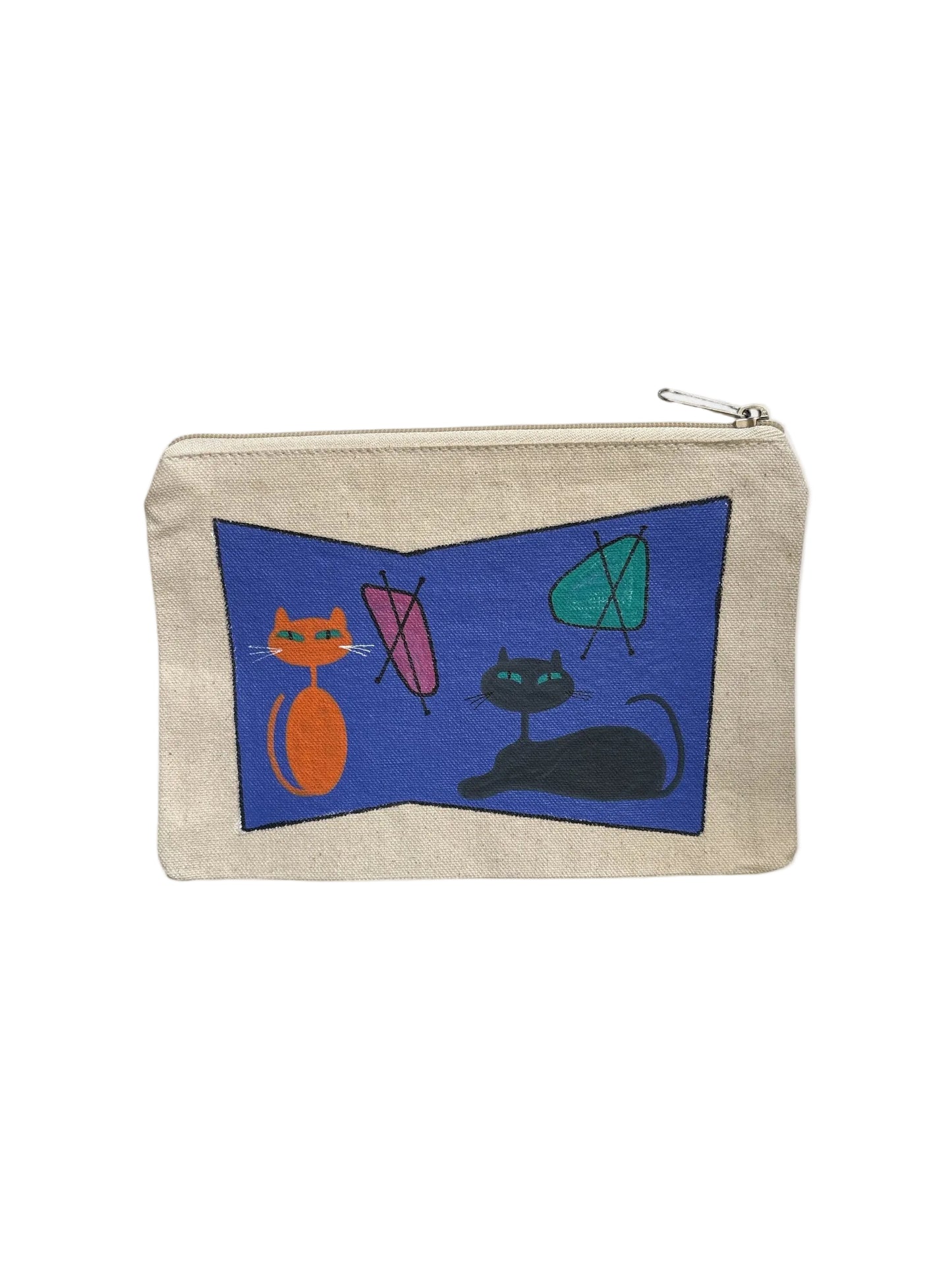 Retro Cat Duo Pouch – Orange & Black Cats with Mid‑Century Blue‑Purple Panel– JLockeDesigns