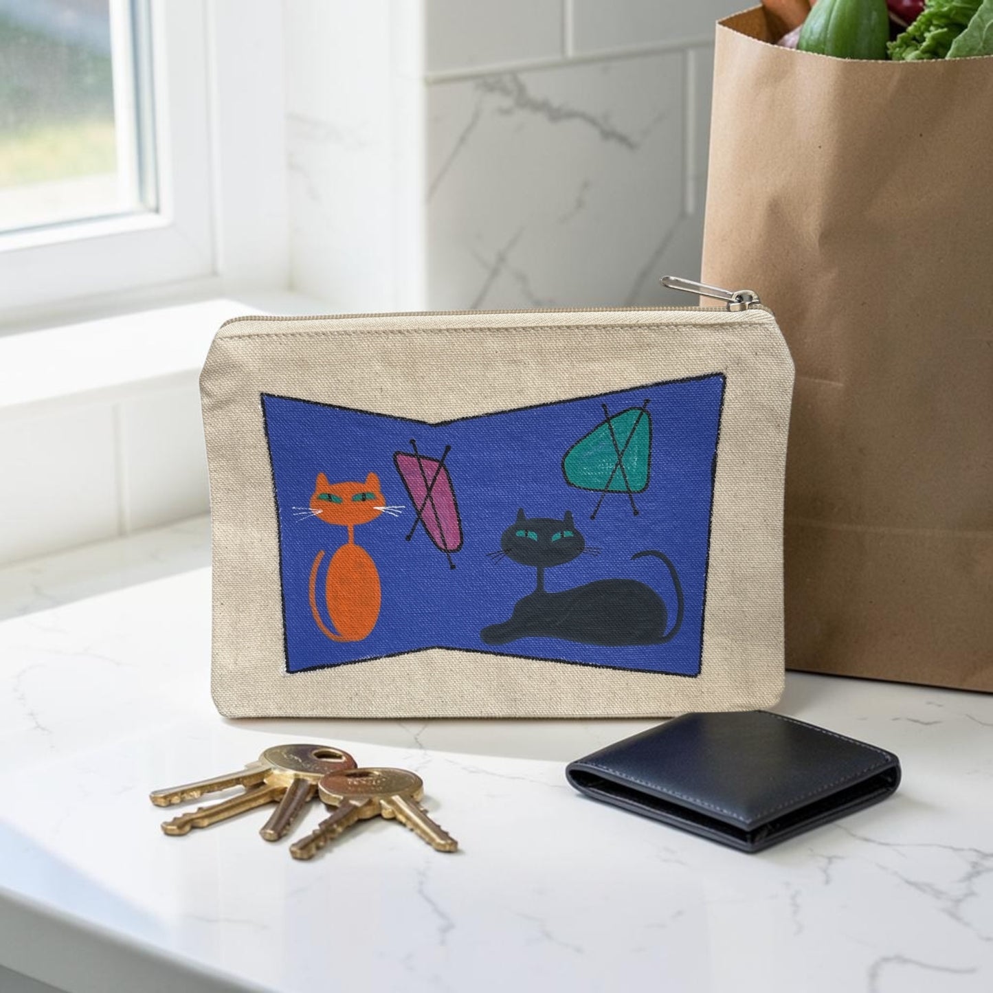 Retro Cat Duo Pouch – Orange & Black Cats with Mid‑Century Blue‑Purple Panel– JLockeDesigns