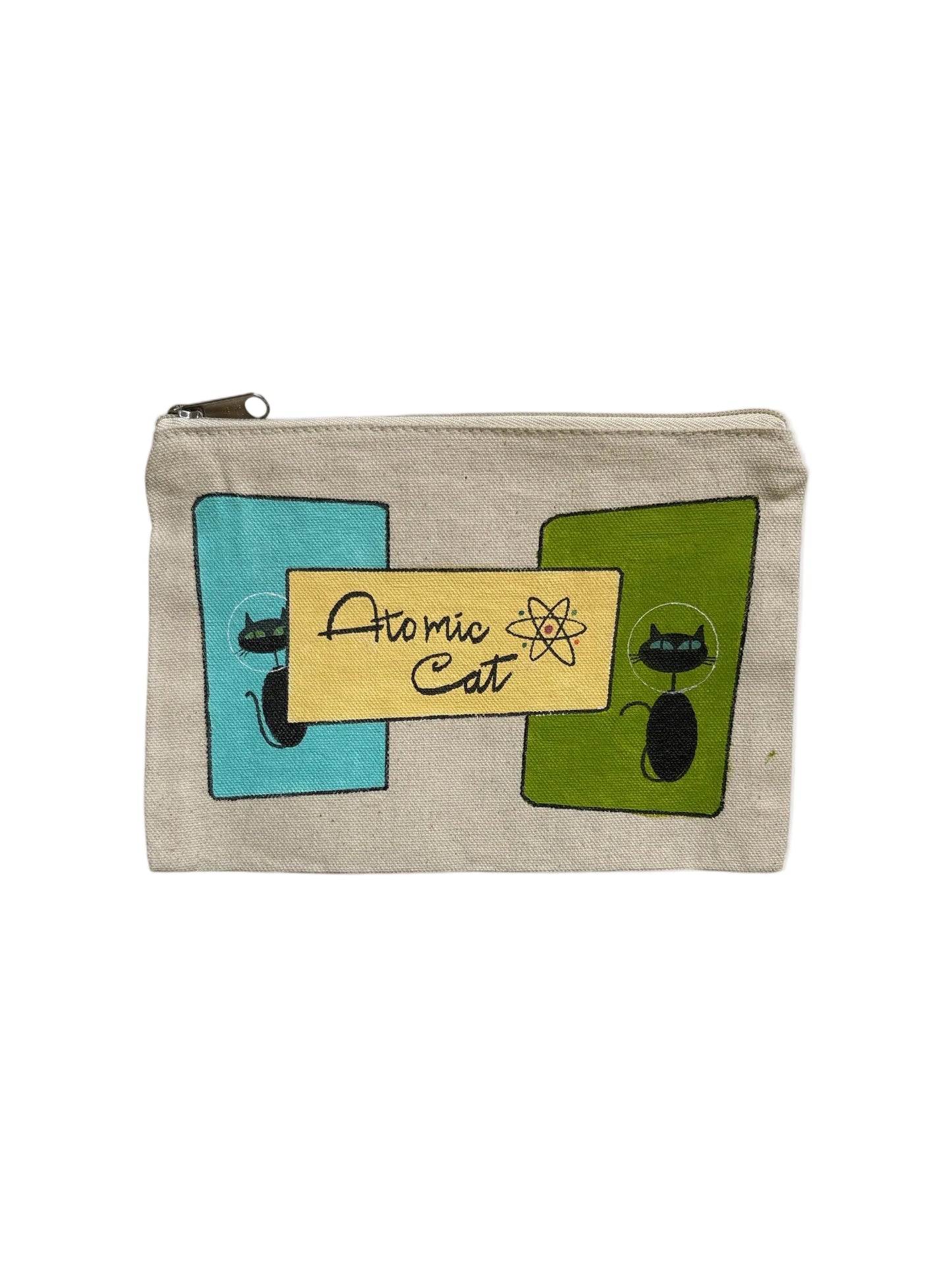 Atomic Cat Retro Art Pouch – Space Cats with Aqua & Olive Mid‑Century Shapes– JLockeDesigns