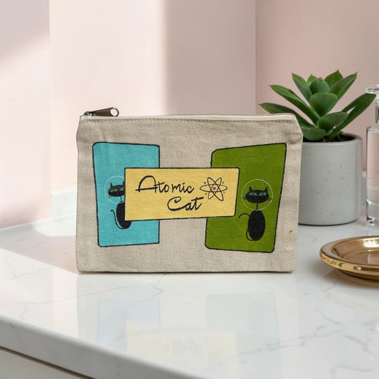 Atomic Cat Retro Art Pouch – Space Cats with Aqua & Olive Mid‑Century Shapes– JLockeDesigns