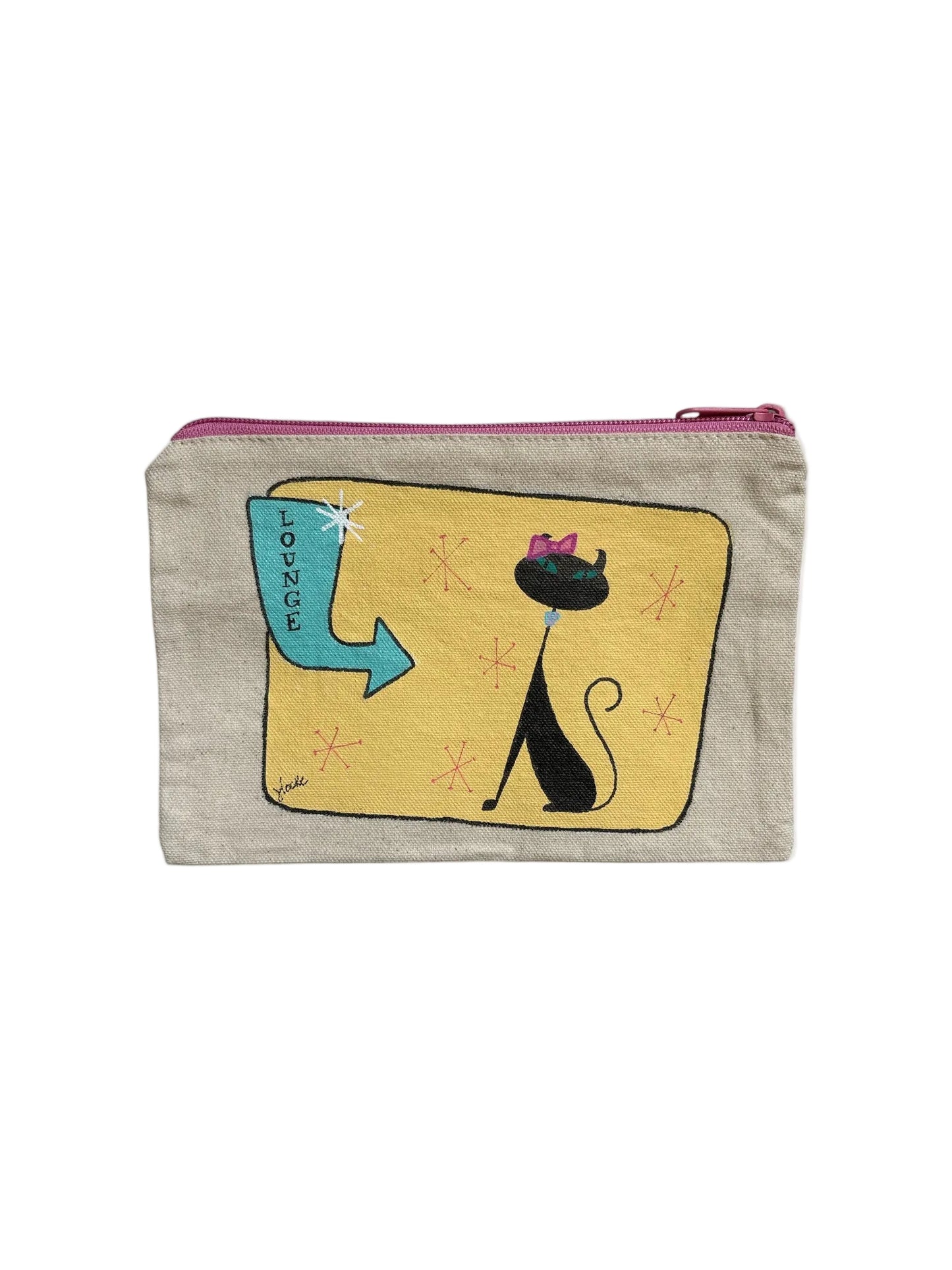 Lounge Cat Retro Art Pouch – Black Cat with Pale Yellow Sign & Pink Bow– JLockeDesigns