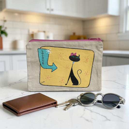 Lounge Cat Retro Art Pouch – Black Cat with Pale Yellow Sign & Pink Bow– JLockeDesigns