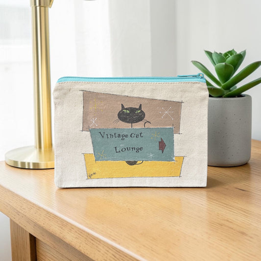 Vintage Cat Lounge Pouch – Black Cat with Retro Color Blocks – JLockeDesigns