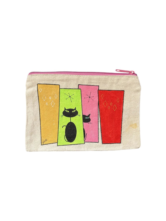 Mid‑Century Cat Art Pouch – Black Cats on Color Blocks with Retro Elements – JLockeDesigns