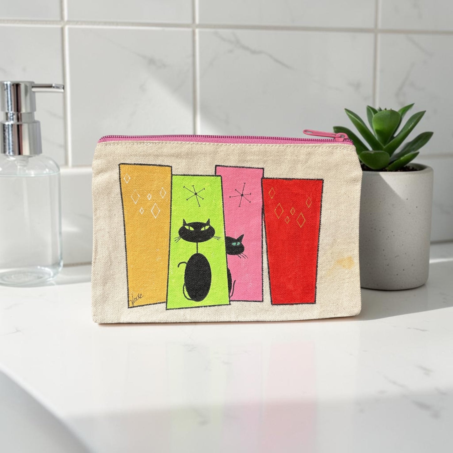 Mid‑Century Cat Art Pouch – Black Cats on Color Blocks with Retro Elements – JLockeDesigns