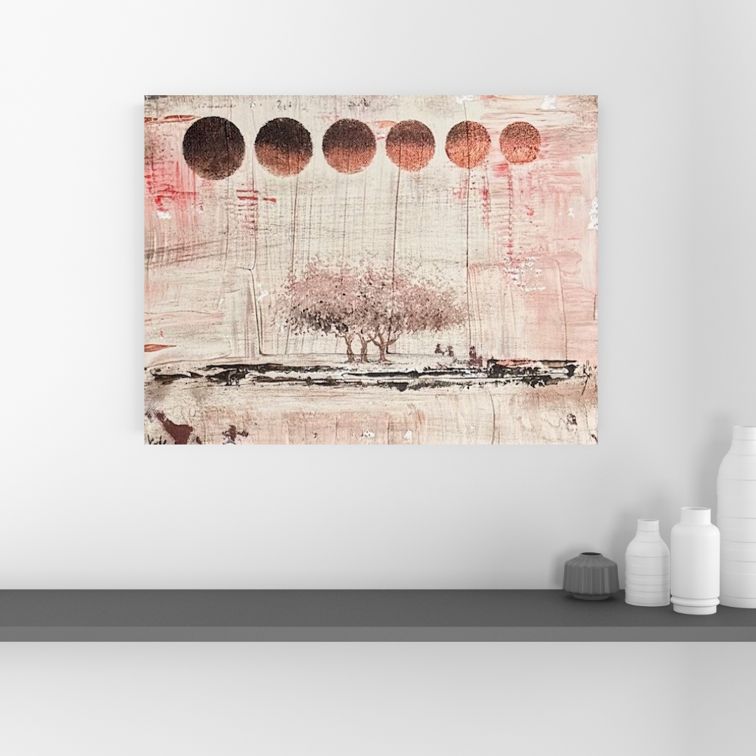 Abstract art piece on a white wall with minimal decor