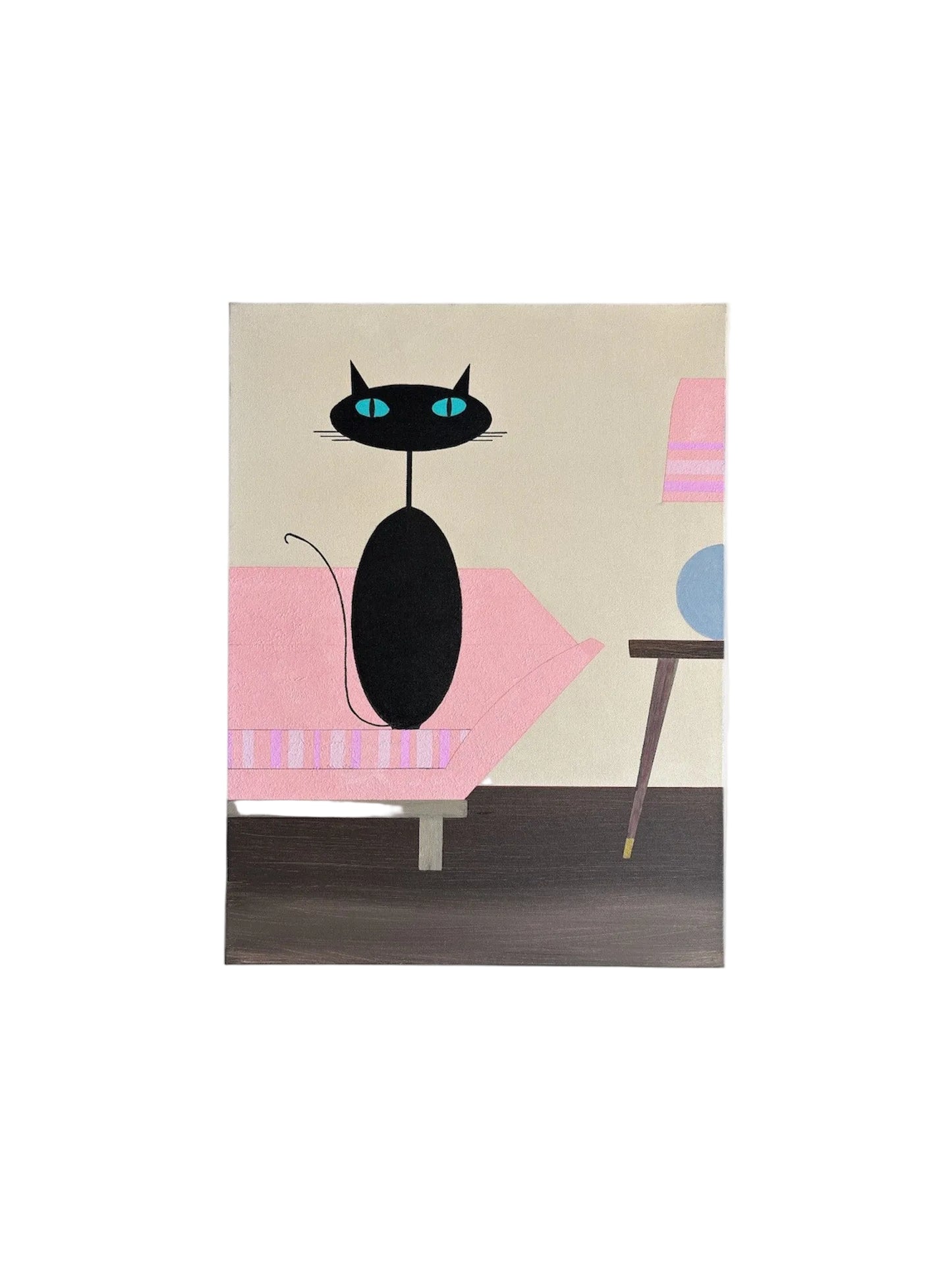 Original Painting – “The Stare” – Black Cat on Pink Mid‑Century Sofa – 24x30 Gallery‑Wrapped Canvas – JLockeDesigns
