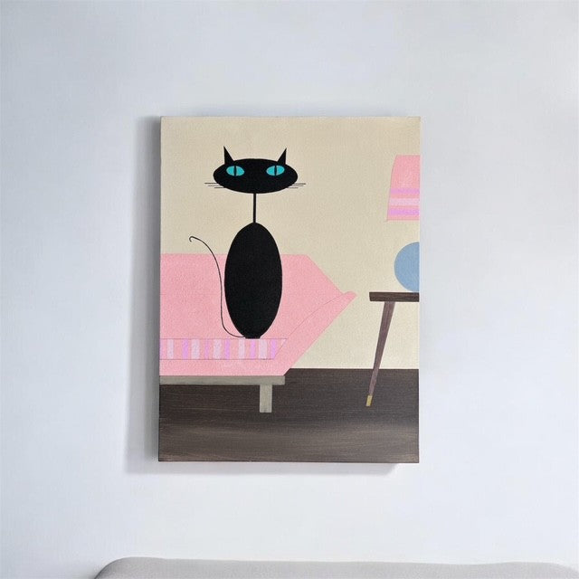 Original Painting – “The Stare” – Black Cat on Pink Mid‑Century Sofa – 24x30 Gallery‑Wrapped Canvas – JLockeDesigns